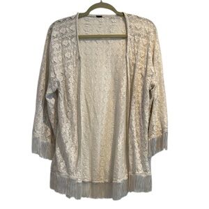 Jessica Simpson | Open Front Cream Lace Cardigan with Fringe Trim